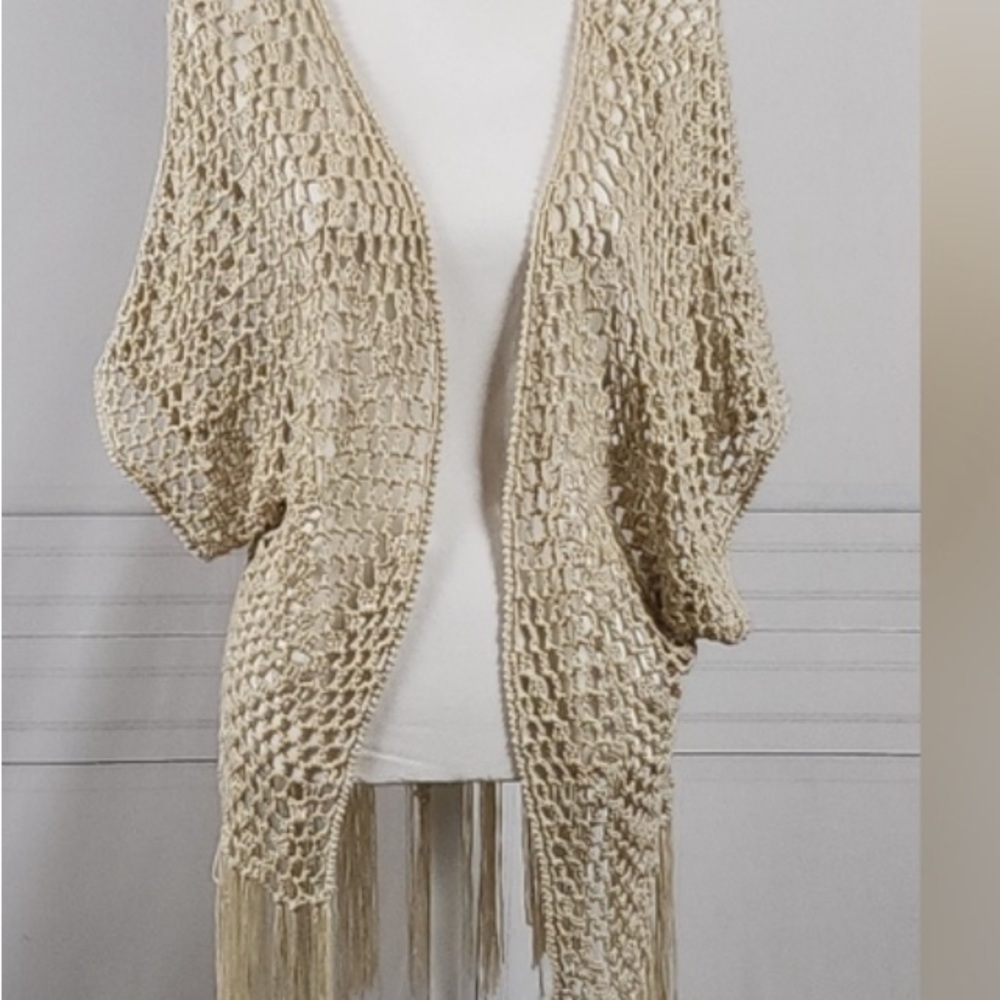 Beige Open Crochet Fringe Kimono Vest - Women's Top